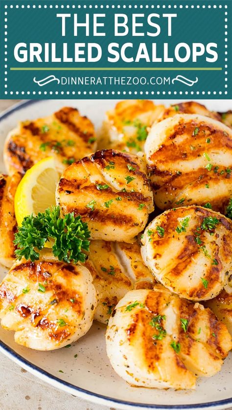 These grilled scallops are marinated in a blend of olive oil, lemon, garlic and herbs, then seared to golden brown perfection on the grill. A quick and easy meal option that's simple yet totally satisfying! Grilled Scallop Recipes, Grilled Scallops Recipe, Scallops Recipes, Chocoflan Recipe, Seafood Delight, Frozen Scallops, Seafood Dinners, Fresh Scallops, Scallops Recipe