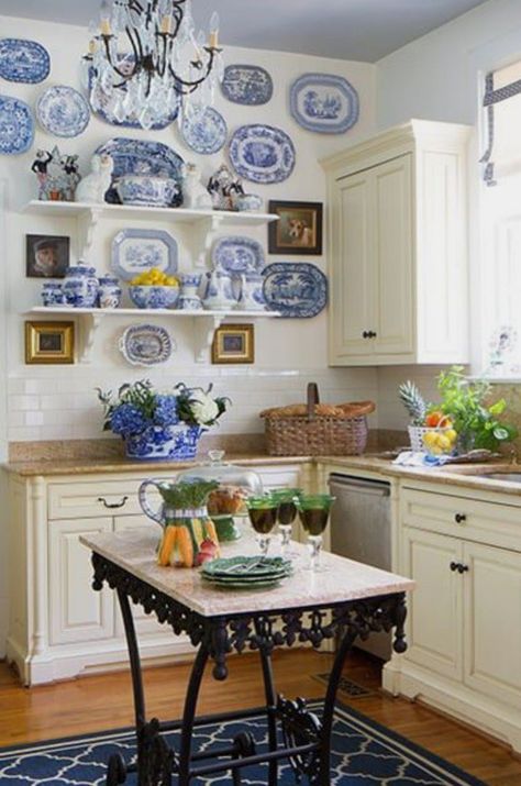 Blue And White Kitchen Decor, Marsha Mason, Blue And White Plates, Blue And White Kitchen, Breakfast Rooms, Dog Kitchen, French Country Kitchens, White Kitchen Decor, Blue White Decor