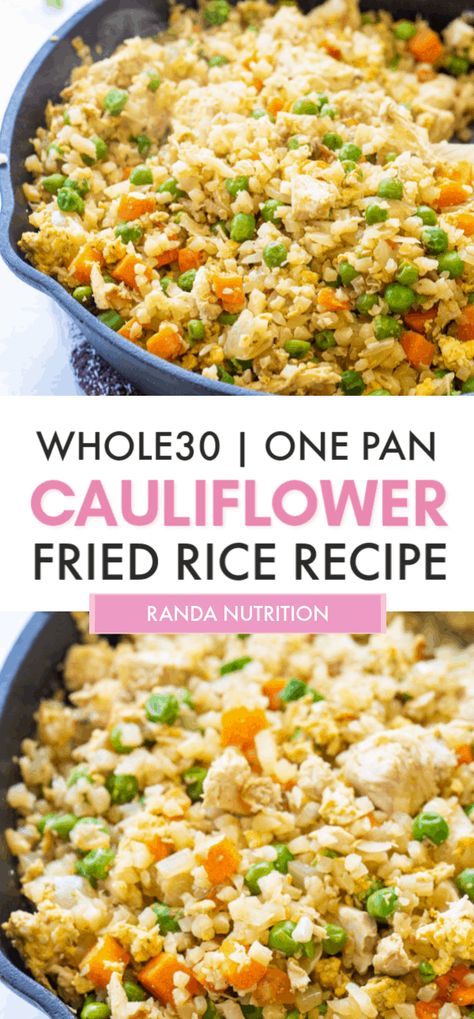 This Whole30 recipe for one pan dish for chicken fried rice is made with cauliflower rice instead of rice. It's loaded with vegetables and is a fantastic healthy lunch or dinner for meal prep! It's super easy and made with frozen vegetables so it's quick too. Healthy chinese food with rotisserie chicken leftovers, egg, and veggies! #glutenfreerecipes #whole30recipes Rotisserie Chicken Leftovers, Healthy Chinese Food, Chicken Fried Cauliflower Rice, Chicken Leftovers, Whole30 Recipe, Healthy Chinese Recipes, Cauliflower Fried Rice Recipes, Healthy Chinese, Recipe For One