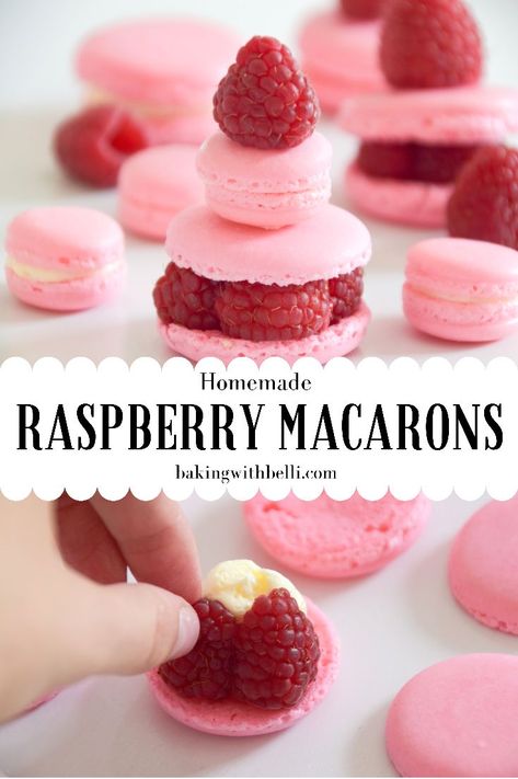 Recipe on how to make the best raspberry macarons with fresh raspberries! Raspberry Macaron Recipes, Macaroon Filling, Raspberry Macaroons, Raspberry Macarons, Macaron Recipes, French Macarons Recipe, Vanilla Macarons, Dream Birthday, French Macaron