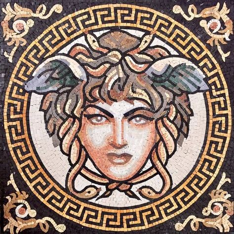 Greek Medusa, Picture Borders, Mosaic Medallion, Roman Mosaic, Mosaic Pictures, Byzantine Art, Mosaic Garden, Dark Yellow, Mosaic Designs