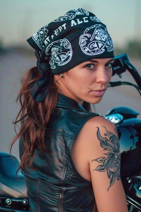 Woman with a casual bandana ponytail, ideal for bikers. Motorcycle Hairstyles For Women Bandana, Biker Hairstyles Women Bandana, Biker Names Woman, Bike Week Outfits Biker Chic, Biker Chick Hairstyles, Biker Hairstyles Women, Biker Hairstyles, Biker Chick Makeup, Motorcycle Hairstyles For Women