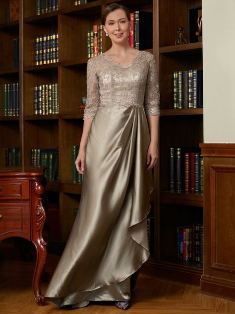 A-Line/Princess Silk Like Satin Lace V-neck 3/4 Sleeves Sweep/Brush Train Mother of the Bride Dresses Mother Of The Bride Dresses Long, Mother Of The Bride Dress, Bride Dresses, Wedding Bridesmaid Dresses, Mother Of The Bride Dresses, Cocktail Dress Party, Bride Dress, Special Occasion Dresses, Occasion Dresses