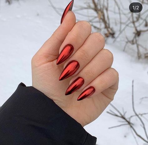 Nails Metallic Chrome, Red Chrome Nails, Nails Medium Almond, Fake Acrylic Nails, Shiny Nails Designs, Nails Press Ons, Latest Nail Designs, Red Chrome, Chrome Nails Designs