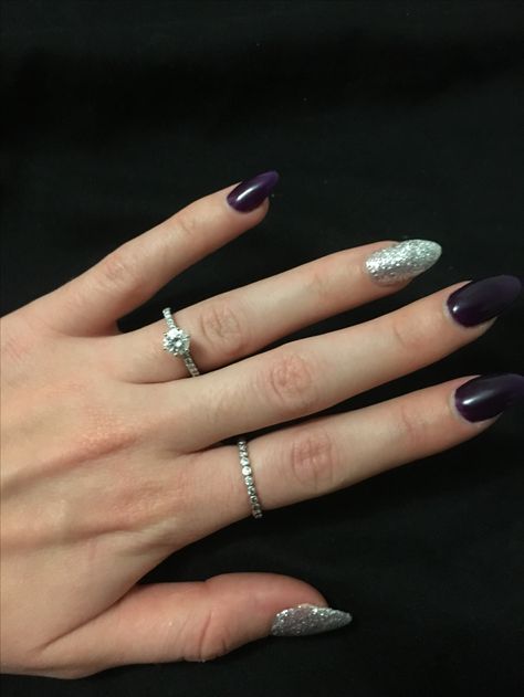 Dark purple and a silver sparkle. Black And Purple Sparkle Nails, Dark Purple And Silver Nails, Silver And Purple Nails, Purple And Silver Nails, Prom Nails Silver, Purple Sparkle, Sparkle Nails, Dark Nails, Silver Nails