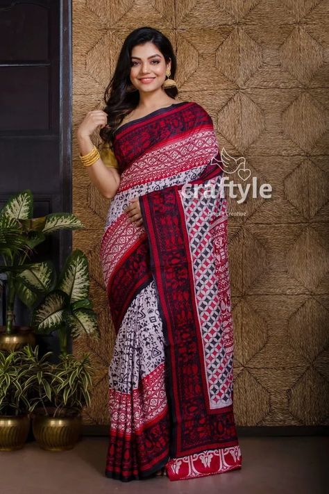 This is authentic hand embroidered Kantha Stitch Saree from Santiniketan, Birbhum. The unique multi-thread kantha embroidery design is entirely handcrafted by our skilled artisans. The most significant aspect of hand embroidery is the running stitch pattern that accentuates the various motifs. The running blouse piece is included with the saree. Kantha Stitch Saree, Stitch Saree, Kantha Sari, Kantha Sarees, Block Print Saree, Kantha Embroidery, Hand Painted Sarees, Kalamkari Saree, Jamdani Saree