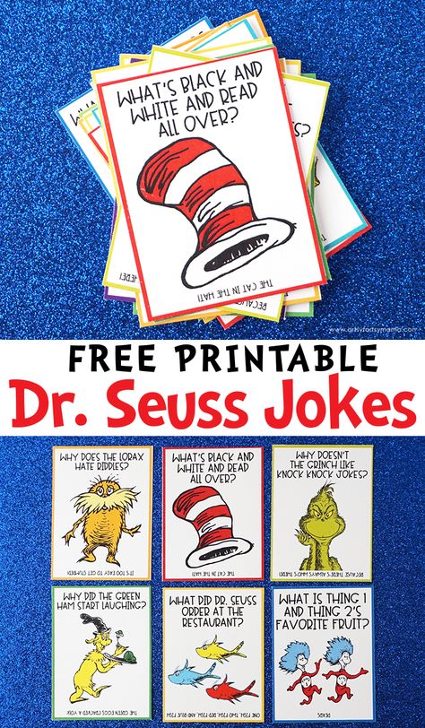 Free Printable Dr. Seuss Jokes | artsy-fartsy mama Dr Seuss Week Homeschool, Dr Suess Thing 1 Thing 2 Printables, Dr Seuss Preschool Craft, Dr Suess Literacy Activities Preschool, Dr Seuss Family Literacy Night, Dr Suess Week Ideas, Dr Seuss 3rd Grade Activities, Preschool Dr Seuss Week, Dr Seuss Sleep Book Preschool Activities