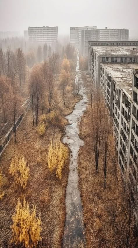 Post Apocalypse Town, Soviet City Aesthetic, Apocalypse Landscape Concept Art, Pripyat Aesthetic, Apocalypse Town, Post Apocalyptic Town, Russian Apocalypse, Apocalyptic Background, Chernobyl Aesthetic