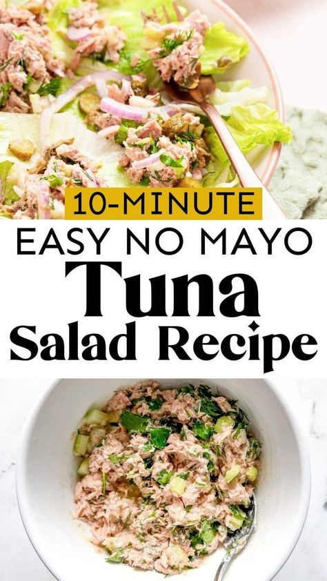 Yummy, quick, easy tuna salad recipes with no mayo! If you're looking for no dairy tuna salad you're in for a treat! Easy to make and great to make ahead for meal prep and more. Healthy tuna salad that is great on top of lettuce or in a sandwich. You could even add this gluten free tuna salad to pasta. This flavorful, healthy tuna salad without mayo uses celery, Dijon mustard, lemon juice, fresh herbs, and extra virgin olive oil to create a super flavorful dish. A healthy lunch or dinner recipe! Dairy Free Tuna Salad, Tuna Salad Without Mayo, Healthy Tuna Sandwich, Tuna Salad Recipe Easy, Healthy Tuna Recipes, Tuna Fish Salad, Easy Tuna Salad, Tuna Salad Recipe Healthy, Healthy Tuna Salad