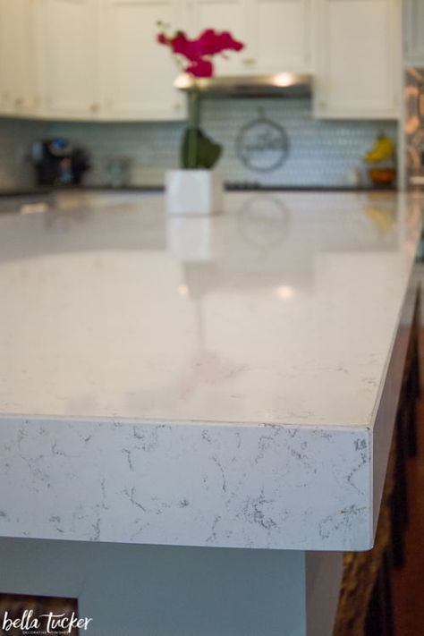 MSI Fairy White quartz- 3 inch mitered quartz countertop 3 Inch Mitered Edge Countertop, Mitered Edge Quartz Countertop, Kitchen Countertop Edges Quartz, Quartz Countertop Corners, Quartz Edges Kitchen Counters, Mitered Countertop Edge, Quartz Edge Options, Countertop Edges Quartz, Mitered Edge Countertop