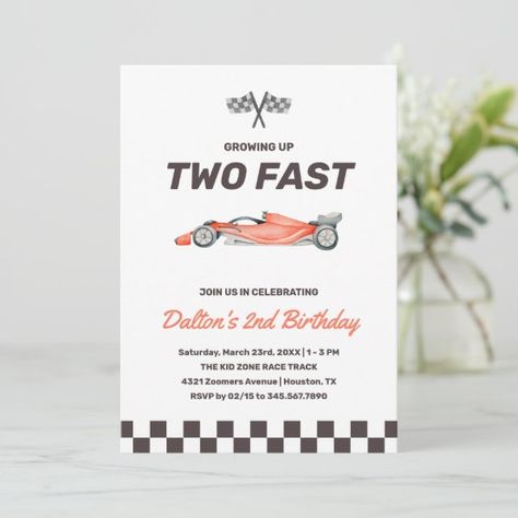 Two Fast Race Car 2nd Boy's Birthday Party Invitation Birthday Car Theme, Boy Birthday Theme, Second Birthday Boy, Second Birthday Boys, 92nd Birthday, 90th Birthday Invitations, Cars Birthday Invitations, Car Birthday Theme, Birthday Themes For Boys