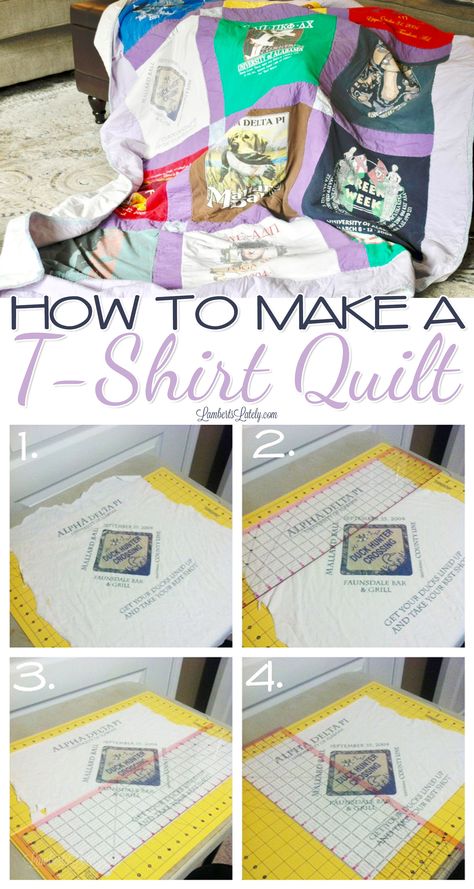 This is a great tutorial for how to make a T-Shirt Quilt out of old sorority/high school shirts - the DIY pattern, layout, and assembly instructions make it so easy, even for beginners! Tshirt Quilt Tutorial, Tshirt Quilt Diy, T-shirt Quilts, Tshirt Quilt Pattern, Quilt Easy, Tee Shirt Quilt, Pattern Layout, T Shirt Quilt, Tshirt Quilt