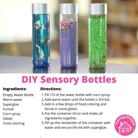 Sensory Bottles Recipe, Diy Sensory Tubes, Sensory Calming Activities Classroom, Calm Down Sensory Ideas, Calm Down Jars Diy, Creation Sensory Bottles, Sensory Activities Diy, I Spy Sensory Bottles, Homemade Sensory Bottles