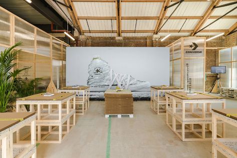 Converse Renew Sustainable Trainers London Pop-Up | HYPEBAE Sustainable Retail Store, Sustainable Pop Up Store, Sustainable Retail Design, Sustainable Event Design, Pop Up Store Design, Sustainable Store, Yard Area, Temporary Store, Award Display