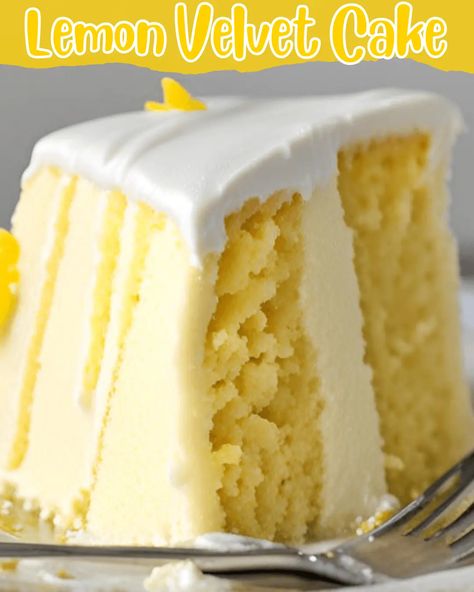 Lemon Velvet Cake Lemon Cake Whipped Cream Frosting, Tangy Lemon Cake, Lemon Crème Cake, Lemon Cake Box Recipes, Lemon Box Cake Recipes, Light And Fluffy Cake Recipe, Lemon Velvet Cake Recipe, Light Fluffy Cake Recipe, Fluffy Cake Recipe