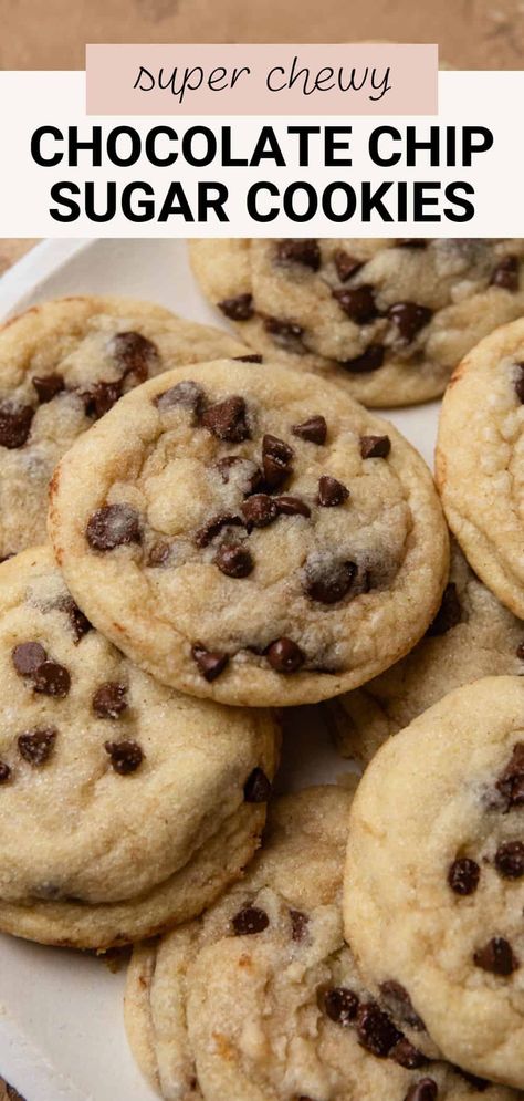 These chocolate chip sugar cookies aren't your typical chocolate chip cookie. They're soft, chewy, and made without brown sugar! Rolled in sugar and mini chocolate chips, these are sure to be your new favorite cookie. Chocolate Chip Sugar Cookies, Choc Chip Cookie Recipe, Cookies Without Brown Sugar, Food Bars, Soft Sugar, Choc Chip Cookies, Best Oatmeal, Chewy Chocolate Chip, Oatmeal Chocolate Chip Cookies