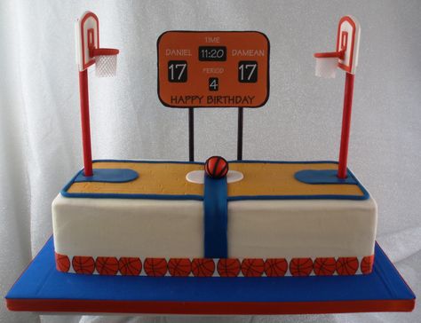 - The backboard was made with gum paste and left to dry for several days. The pole is a dowel that I painted with gel food coloring and then attached the backboard with fondant strips and let dry for a day and a half. The scoreboard is an edible image I printed. Basketball Court Cake, Basketball Scoreboard, Basketball Birthday Parties, Basketball Cake, Ball Birthday Parties, Sports Birthday Party, Ball Cake, Basketball Shooting, Basketball Birthday