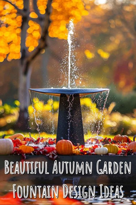 Metal garden fountain surrounded by autumn foliage and pumpkins, showcasing design ideas for a beautiful autumn garden. Outdoor Fountains, Home Gardens, Fountain Design, Fall Landscape, Tabletop Fountain, Indoor Fountain, Wall Fountain, Garden Fountain, Fountains Outdoor