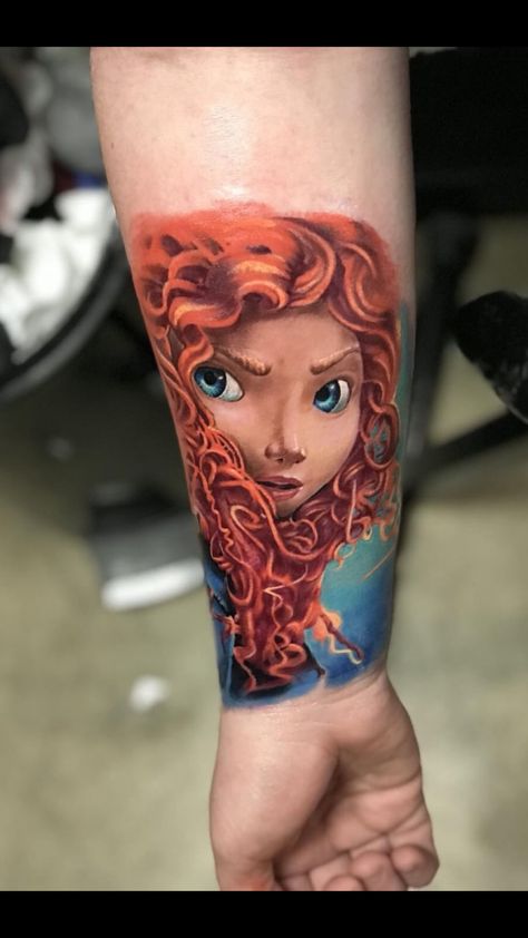 Merida tattoo by Rickie Lemons Merida Tattoo, Brave Cartoon, Ariel Tattoo, Disney Tattoos Small, Gorgeous Tattoos, Cartoon Tattoos, Disney Tattoos, Fairy Art, Tattoo Styles