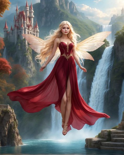 A second part of the beautiful blonde fairy and her maroon red dress, but a little different style 🧚‍♀️♥️♥️♥️✨ ✨ARTCEMBER 2023 ✨ Day 6 :… | Instagram Maroon Red Dress, Blonde Fairy, Iridescent Wings, Fairytale Creatures, Light Fairy, Unicorn And Fairies, Headshots Women, Dinner Dress Classy, Fantasy Princess