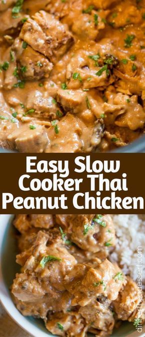 Slow Cooker Thai Peanut Chicken is an easy weeknight meal made with coconut milk, lime juice, peanut butter, ginger and garlic. Skip the delivery! Chicken Thighs Slow Cooker Recipes, Peanut Chicken Recipe, Slow Cooker Thai, Peanut Butter Chicken, Slow Cooker Chicken Thighs, Thai Peanut Chicken, Easy Brunch Recipes, Thai Peanut, Peanut Chicken