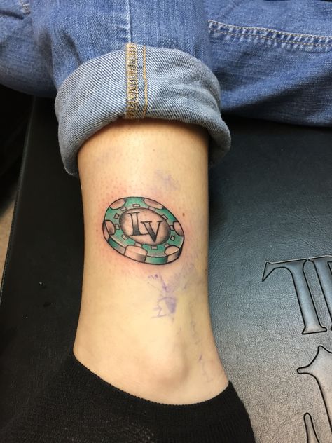 Poker chip done for a young lady in ankle by Ian Anderson Poker Chip Tattoo, Vegas Tattoo Ideas, Poker Chips Tattoo, Chip Tattoo, Ian Anderson, Art Guy, Full Moon Tattoo, Vegas Tattoo, Casino Theme Party Decorations