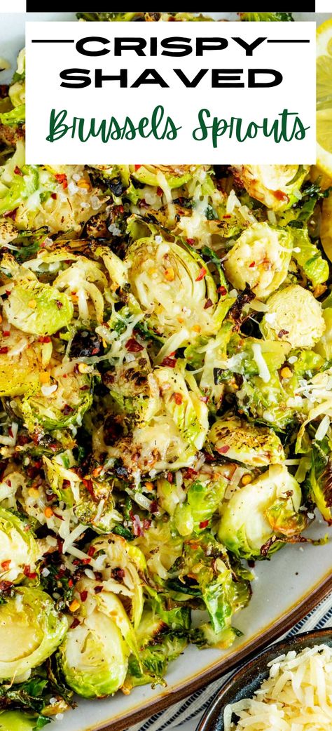 This Roasted Shaved Brussels Sprouts recipe couldn't be easier, and the result is crispy, savory goodness that will make you want to inhale an entire bowl. This recipe is a winner if you're looking for a side dish that is sinfully delicious. Sliced Brussels Sprouts Recipe, Cabbage Brussel Sprouts, Recipes With Shaved Brussel Sprouts, Baked Shaved Brussel Sprouts, Shaved Roasted Brussel Sprouts, Shaved Brussel Sprouts With Pancetta, Sautéed Shaved Brussels Sprouts, Brussel Sprouts Shredded, Sliced Brussel Sprout Recipes