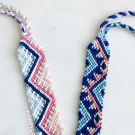 HoneyLola on Instagram: "Hey guys!! Hope everyone had a good weekend! The weekend definitely went by too fast for me 😅 Here’s a bracelet set that I finished knotting yesterday. I love the way both bracelets look. I used the straight-edges technique for both but the bracelet on the right still looks a bit wonky 🤔 I’m definitely going to make these bracelets again in different colors. What color combination do you want to see? 🦋🌸🦋🌸🦋🌸🦋🌸🦋🌸🦋🌸🦋 🔹 Pattern #80612 and #37097 on @braceletbook 🔹 Strings by Alize Forever Simli, @dmc_embroidery @dmc_france 🔹 Bracelets 5/100 and 6/100 of the #100braceletschallenge . . . . . #friendshipbracelets #friendshipbracelet #knottedbracelet #vscobracelets #fenechki #handmade #diy #beachjewelry #macrame #aesthetic #bohobracelets #braceletsbresili Finished Friendship Bracelets, Everyday Resizable Multicolor Friendship Bracelets, Trendy Hand-strung Friendship Bracelets, Bohemian Multi-strand Friendship Bracelets As Gift, Casual Multicolor Hand-wrapped Friendship Bracelets, Bohemian Multicolor Hand-strung Friendship Bracelets, String Bracelet Patterns, Yarn Bracelets, Have A Good Weekend