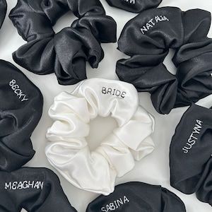 Custom Satin Scrunchies for your bridesmaids. Match your wedding colours and personalize for your proposal boxes. Design yours now... Maid Of Honor Proposal Box Ideas, Will You Be My Bridesmaid Gifts, Bridesmaid Boxes, Bridesmaid Box, Proposal Box, Bridesmaid Proposal Box, Proposal Gifts, Will You Be My Bridesmaid, Green Satin