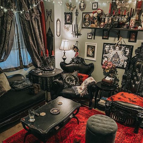 Goth Living Room, World Goth Day, Maximalist Room, Gothic Decor Bedroom, Goth Bedroom, Dark Home Decor, Spooky House, Goth Home, Goth Home Decor