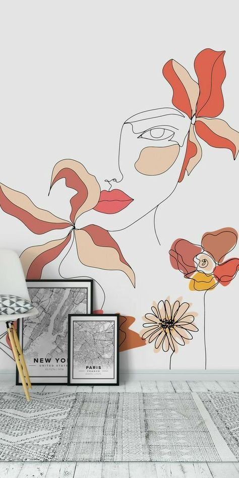 Custom wallpaper murals Line Art Woman With Flowers, Wall Murals Diy, Line Art Woman, Creative Wall Painting, Woman With Flowers, Room Wall Painting, Wall Painting Decor, Wall Murals Painted, Wall Drawing