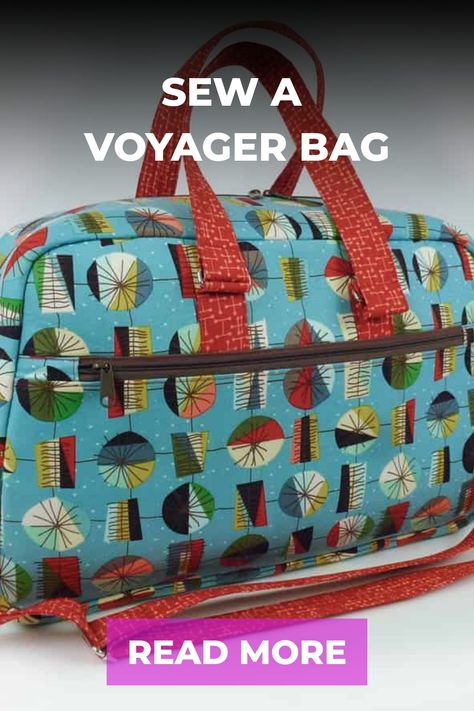 A Voyager Bag is shown. Duffle Bag Patterns Free, Overnight Bag Pattern, Diy Duffle Bag, Travel Bag Pattern, Duffle Bag Pattern, Duffel Bag Pattern, Weekender Bag Pattern, Diy Bag Making, Quilted Bag Patterns