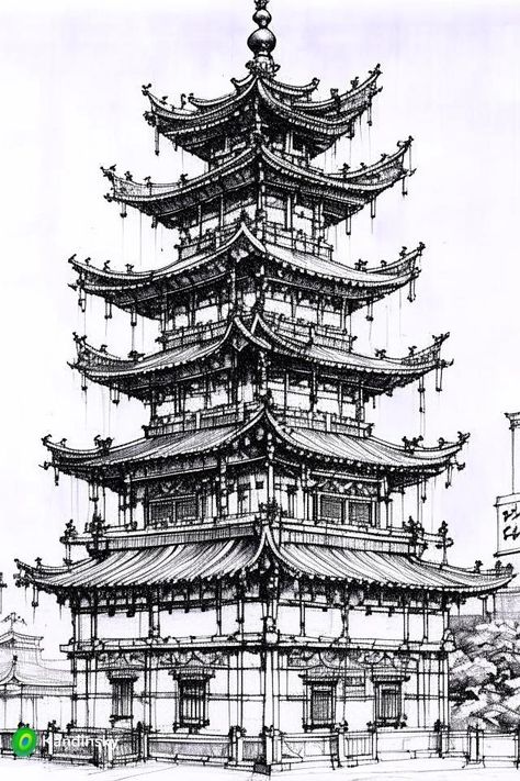 Chinese Building Drawing, Chinese Temple Drawing, Japanese Building Drawing, Pagoda Sketch, Pagoda Drawing, Japanese Architecture Drawings, Japanese Drawing, Chinese Buildings, Alien Resurrection