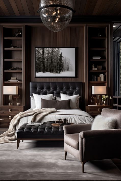 Classic Masculine Bedroom, Royal Bedroom Modern, Restoration Hardware Bedroom Ideas, Moody Master Suite, Dark Masculine Bedroom, Dark Elegant Bedroom, Masculine Glam, Modern Masculine Bedroom, Indochine Bedroom