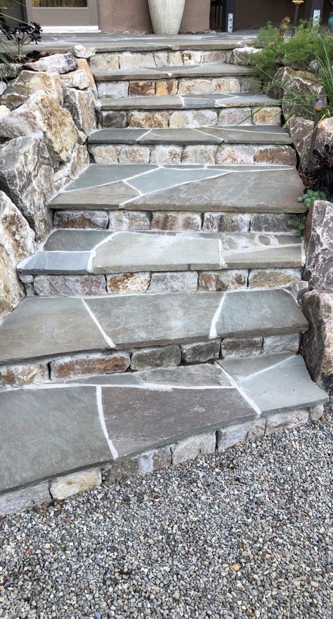 Flagstone Steps, Landscape Bricks, Entry Garden, Garden Walkways, Rustic Front Porch, Yard Wall, Front Porch Steps, Landscape Stairs, Landscape Steps