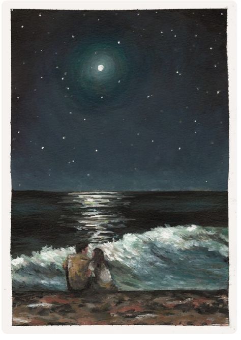 A copy, Marianna Foster The Ocean. Painting of beach and ocean at night. Beach At Night Painting Easy, Night Sky Beach Painting, Nighttime Ocean Painting, Moon And Beach Painting, Moon Beach Painting, Night Water Painting, Sea And Moon Painting, Moon And Ocean Drawing, Beach Painting Night