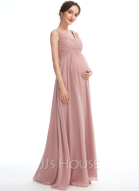 A-Line V-neck Floor-Length Bridesmaid Dress (007257438) - JJ's House Maternity Bridesmaid Dress, Maternity Bridesmaid Dresses, Floor Length Dresses, Custom Dresses, Maternity Dresses, Dusty Rose, Maternity Clothes, Bridesmaid Dress, I Dress