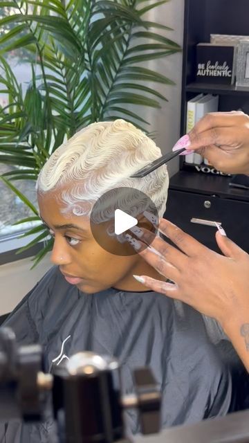 Candice Renee✂️ on Instagram: "Who's Next?? My signature finger waves are created in different patterns... 🌊 Using the Honey Almond x Coconut milk styling foam by @influancehaircare1 #fingerwaveshouston #fingerwaves #explore #explorepage #houstonshorthair #fingerwavehairstyle #fingerwavesonfleek #blondefingerwaves #platinumfingerwaves #shorthairhoustonhairstylist #shorthairideas" Finger Wave Medium Length Hair, Easy Finger Waves Short Hair, Platinum Blonde Finger Waves, Figure Waves Short Hair, Short Platinum Hair Black Women, Ocean Waves Hairstyle For Black Women, One Side Longer Haircut, Platinum Blonde Finger Waves Black Women, Soft Waves Hair Short