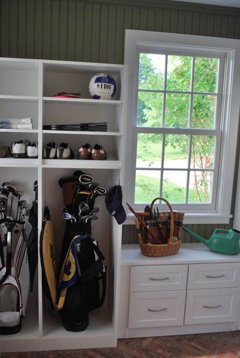 Golf Garage Ideas, Bike Gear Storage, Golf Equipment Storage, Basement Addition, Golf Storage, Sports Equipment Storage, Mudroom Remodel, Garage Storage Inspiration, Golf Room