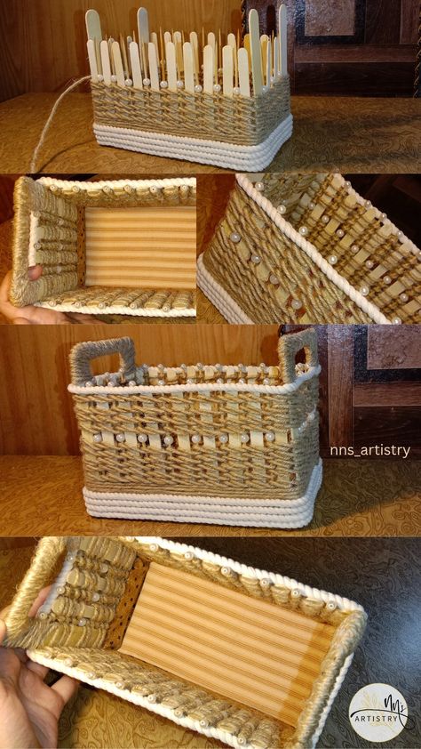 Jute rope crafts | DIY Cardboard storage basket | cardboard box crafts | DIY crafts | handmade storage basket | nns artistry Diy Jute Basket Cardboard Boxes, Wooden Sticks Diy, Wooden Basket Decor, Jute Basket Diy, Brazil Crafts, Basket Making Ideas, Craft Ideas Cardboard, Jute Rope Crafts, Cardboard Basket