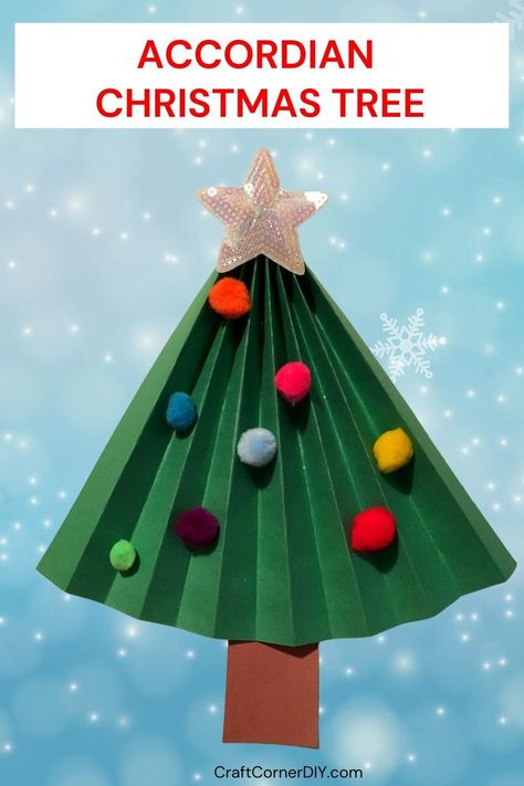 Picture of a Pinterest pin showing an accordion Christmas tree. Accordion Christmas Tree, Folded Paper Christmas Tree, Christmas Diy Kids, School Christmas Party, Kids Christmas Crafts Easy, Christmas Tree Craft, Paper Plate Crafts For Kids, December Crafts, Holiday Activities For Kids