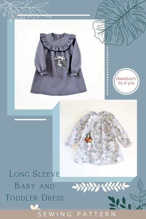 Long Sleeve Baby and Toddler Dress sewing pattern (Newborn to 6yrs). It's an easy-to-make sewing PDF dress pattern for little girls, toddlers, infants, and newborns. This easy-to-put-on dress has a super cute ruffle yoke and ruched long sleeves. The front pockets can be stuffed with daisies and the snaps on the back mean it is easily slip-off-able when it’s time to dream of unicorns. Girls Long Sleeve Dress Pattern, Toddler Dress Sewing Pattern, Toddler Long Sleeve Dress, Long Sleeve Dress Sewing Pattern, Toddler Dress Pattern Free, Pdf Dress Pattern, Long Winter Dresses, Baby Dress Pattern Free, Toddler Dress Patterns