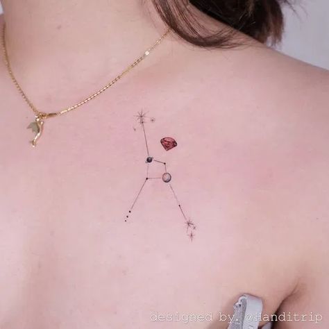 Cancerian Tattoo Constellation, Cancerian Fine Line Tattoo, Cancerian Tiny Tattoo, Cancerian Astrology Tattoo For Women, Spine Tattoos For Cancers, Hello Tattoo, Ruby Tattoo, Blade Tattoo, Shoulder Blade Tattoo