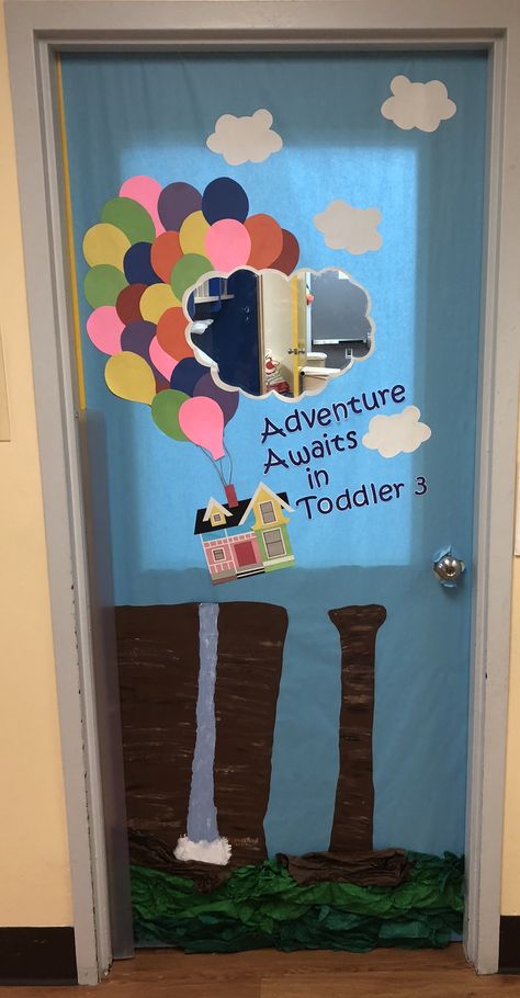 Up Pixar Theme Back to School Classroom Door Up Theme Classroom, Back To School Door Ideas For Daycare, Up Classroom Theme, Up Movie Characters, Back To School Classroom Door, Popcorn Decor, Infant Projects, Display Boards For School, 2024 Classroom