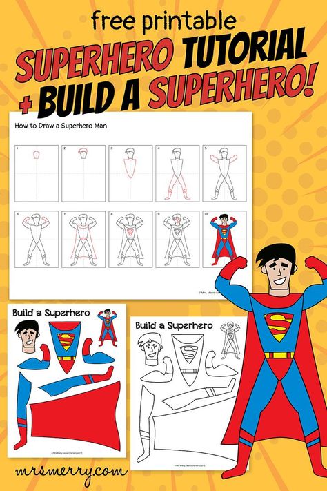 free draw and build a superhero printable Make A Superhero, Superhero Drawing, Superhero Template, Create Your Own Superhero, Superhero Man, Superhero Party Decorations, Superhero Coloring Pages, Superhero Coloring, Drawing Lessons For Kids