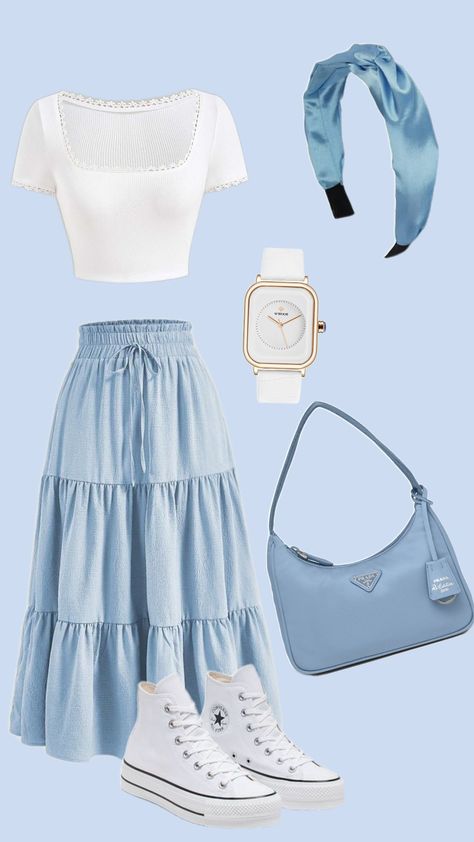 Light Blue Skirt Outfit Ideas, Royal Blue Skirt Outfit Ideas, Cute Blue Outfits Aesthetic, Blue And White Aesthetic Outfit, Fun Outfits Aesthetic, Light Blue Aesthetic Outfit, Blue Modest Outfit, Baby Blue Outfit Ideas, Light Blue Skirt Outfit