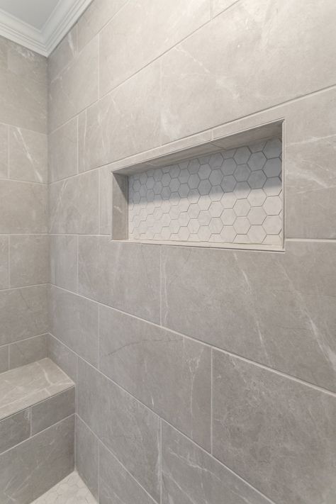 Bathroom Shower Tile Ideas Recessed Shelves, Small Master Shower Tile Ideas, Small Bathroom Floors Ideas Tile, Master Bath Showers Walk In, Tile Shower Ideas Walk In Farmhouse, Vertical Subway Tile Small Bathroom, Fabric Look Tile Bathroom, Master Bath Shower Tile Wall, Shower Tile Ideas Large Tiles