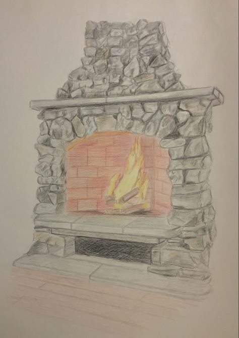 Fireplace Drawing Sketch, Cozy Fireplace Drawing, Fireplace Doodle, Chimney Drawing, Fireplace Sketch, Fireplace Drawing, Winter Fireplace, Beautiful Pencil Drawings, Sketch Practice