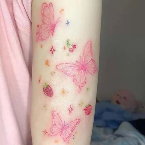 Pink Tattoo Ink, Butterfly Temporary Tattoo, Tattoo Number, Matching Friend Tattoos, Pink Tattoo, Watercolour Flower, One Piece Tattoos, Blue Tattoo, Cute Little Tattoos