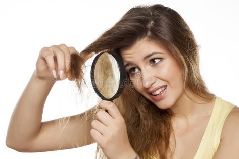 Damaged hair. Nervous young woman looking at her hair with a magnifying glass #Sponsored , #Ad, #paid, #hair, #magnifying, #glass, #Nervous Grow Thick Long Hair, High Porosity Hair, Prevent Hair Fall, Argan Oil Hair, Hair Porosity, Thick Eyebrows, Hair Remedies, Roots Hair, Heat Styling Products